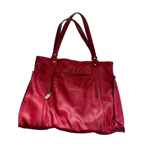 Large Red Leather Tote Bag With Double Handles Front Zipper Pocket - Picture 1 of 14